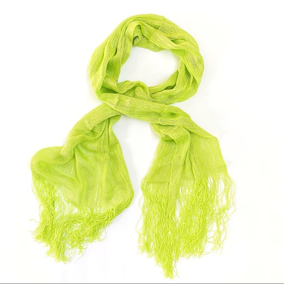 Accessories - Lightweight neon green metallic silver fringe knit scarf